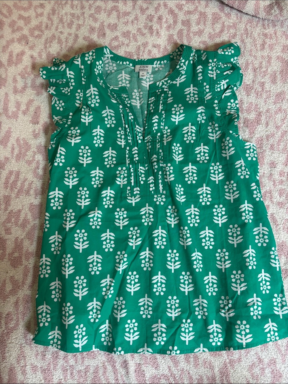 J. Crew Green Floral-Print Ruffle Cap Sleeve top